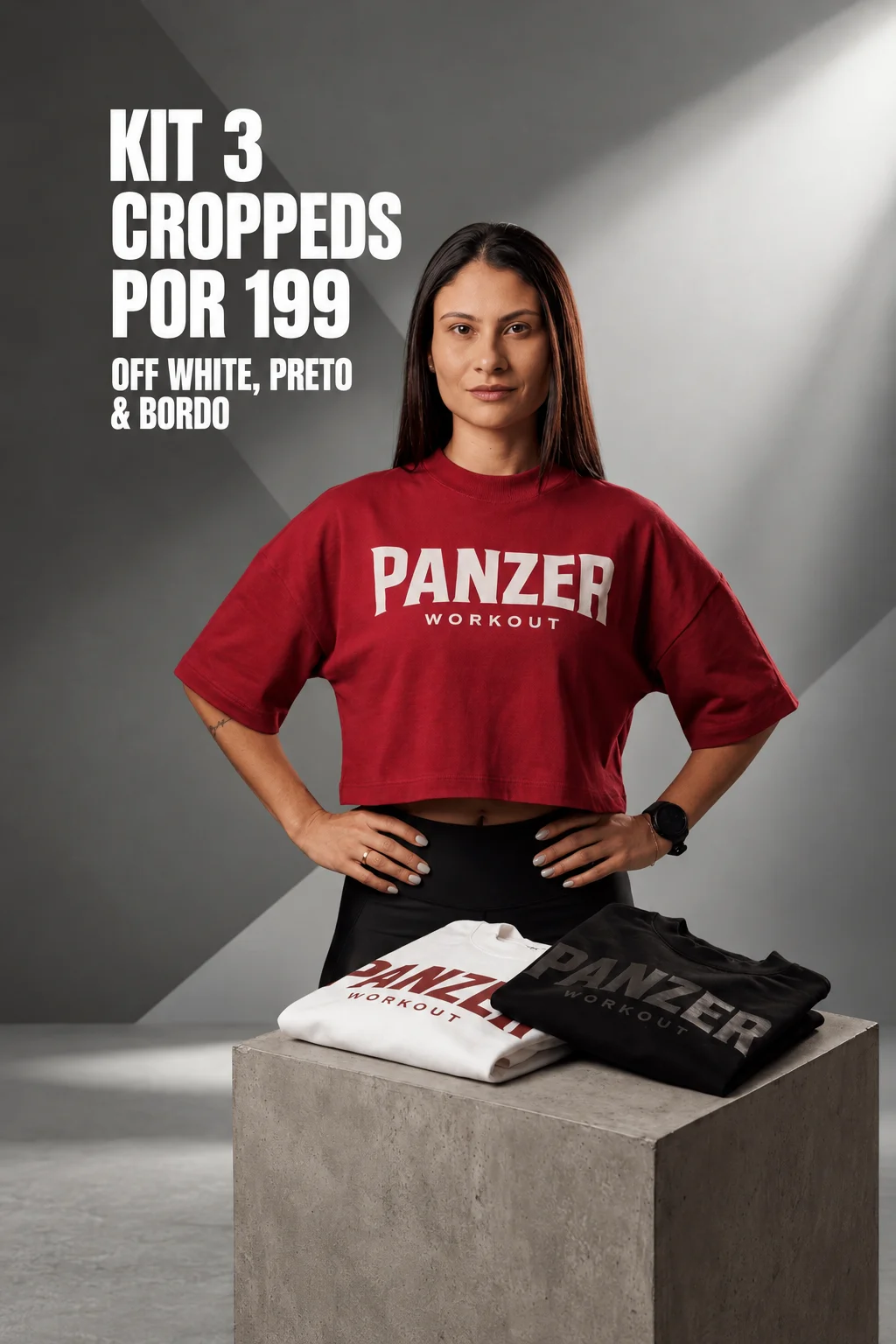 Kit 3 Cropped Femininos - Off White, Preto e Bordô