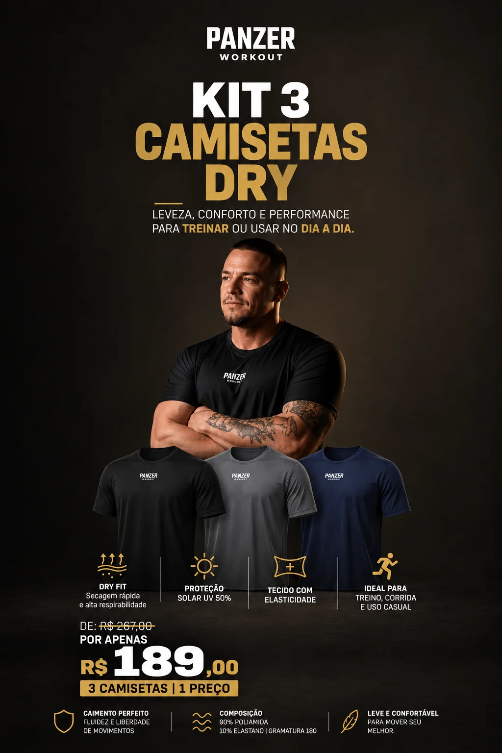 Kit 3 Camisetas Dry Fit - Preto, Cinza e Azul Noite